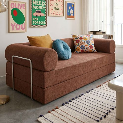 Canapé Compressé 2 Places En Velours Coussins Compressé 206 Cm Marron  Wendy
