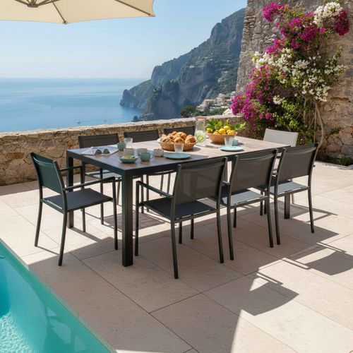 Ensemble Table De Jardin En Aluminium Effet Bois Et 8 Fauteuils Gris