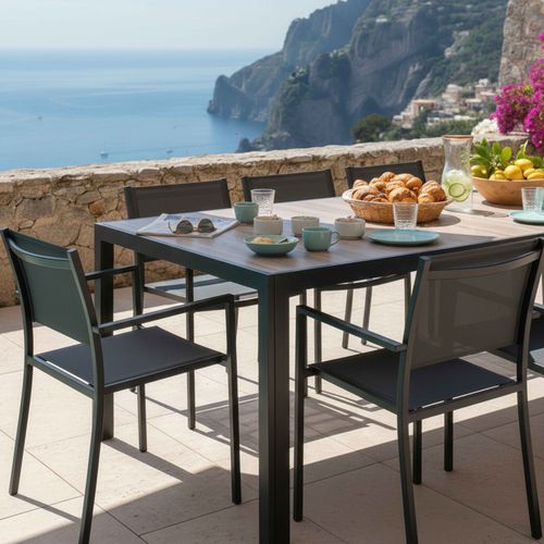 Ensemble Table De Jardin En Aluminium Effet Bois Et 8 Fauteuils Gris