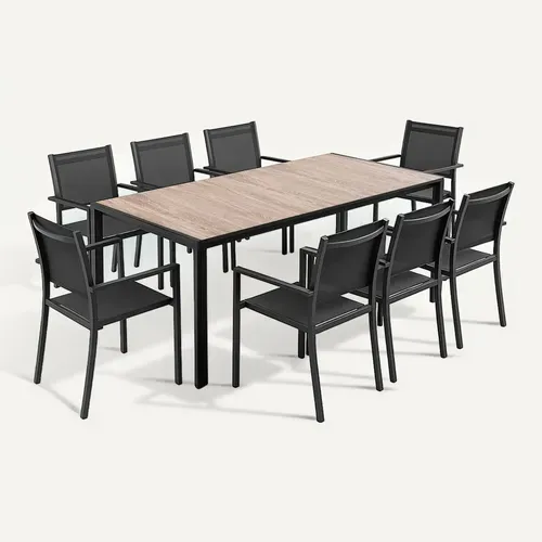 Ensemble Table De Jardin En Aluminium Effet Bois Et 8 Fauteuils Gris