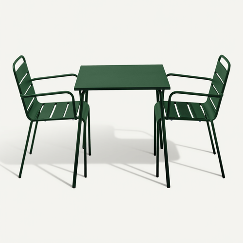 Ensemble Table De Jardin Carrée Et 2 Fauteuils Acier 70 Cm Vert Forêt