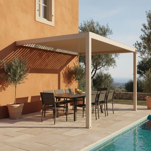 Pergola Bioclimatique Adossée 3x4m Et 1 Store Bois Crème Oia