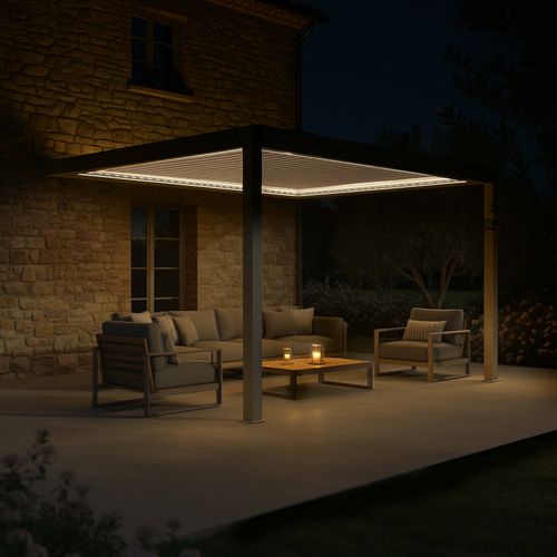 Pergola Bioclimatique Adossée Motorisée 3x4m Et 3 Stores Crème Thebes