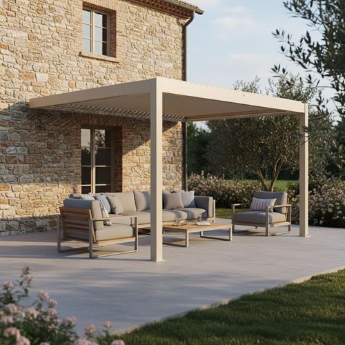 Pergola Bioclimatique Adossée Motorisée 3x4m Et 3 Stores Crème Thebes