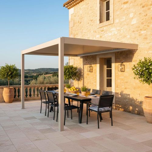 Pergola Bioclimatique Adossée Motorisée 3x4m Et 3 Stores Crème Thebes
