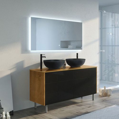 Meuble De Salle De Bain Verzino Bois Naturel Et Noir Mat (sans Miroir)