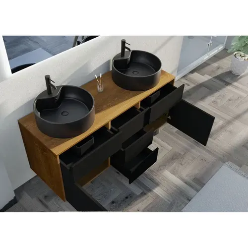 Meuble Double Vasque Venezia Bois Naturel Et Noir Mat