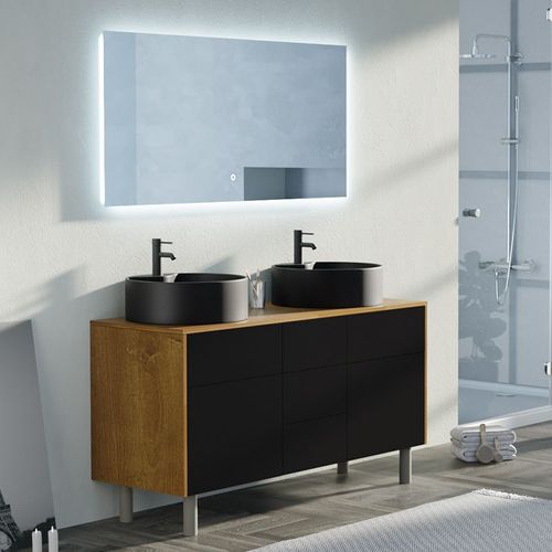 Meuble Double Vasque Venezia Bois Naturel Et Noir Mat