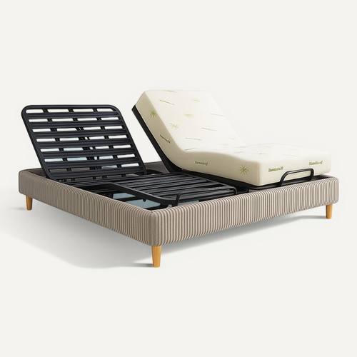 Pack Lit Électrique 200x200 Gris, Sommier Relaxation à Lattes + Contour Velours Côtelé + Matelas