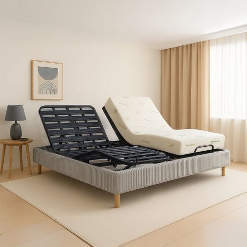Pack Lit Électrique 140x190 Gris, Sommier Relaxation à Lattes + Contour Velours Côtelé + Matelas