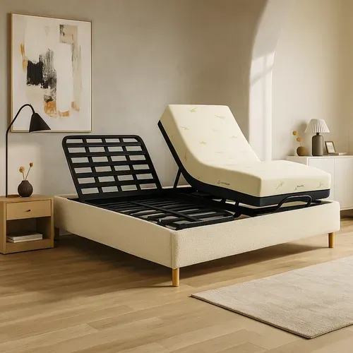 Ensemble Lit Électrique 180x200 Beige – Sommier Relaxation à Lattes + Contour Bouclette + Matelas