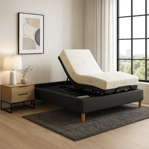 Ensemble Lit Électrique 180x200 Gris – Sommier Relaxation à Lattes + Contour Bouclette + Matelas