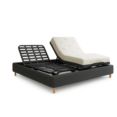 Ensemble Lit Électrique 180x200 Gris – Sommier Relaxation à Lattes + Contour Bouclette + Matelas