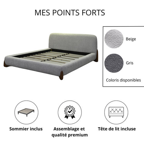Lit Coffre Capucine 160x200 Cm - Tissu Feutrine - Tête De Lit Incluse - Gris