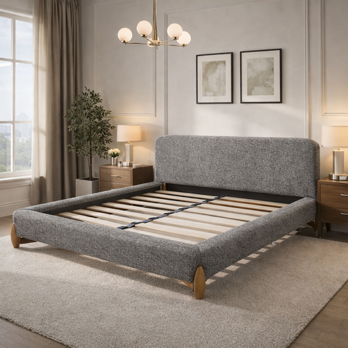 Lit Coffre Capucine 160x200 Cm - Tissu Feutrine - Tête De Lit Incluse - Gris