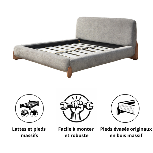 Lit Coffre Capucine 160x200 Cm - Tissu Feutrine - Tête De Lit Incluse - Gris