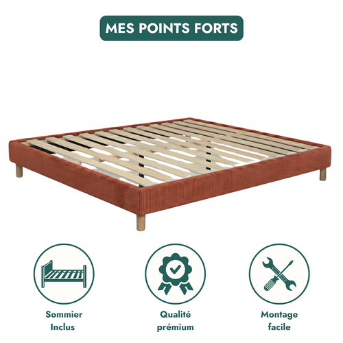 Sommier à Lattes Déco 90x190 Cm - Contours Velours Côtelé Terracotta
