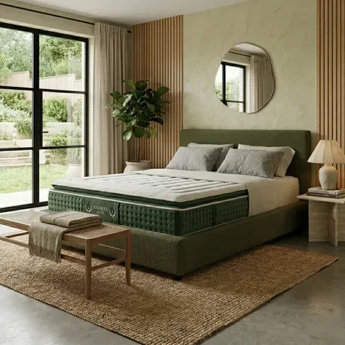 Ensemble Lit Coffre Vert Olive - Tête De Lit, Coffre Et Matelas Hôtelier - 180x200 - Tissu Bouclette