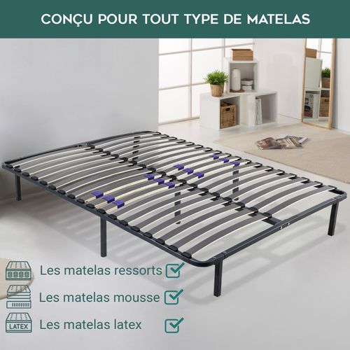 Sommier 140x190 Cm Confortflex - Cadre à Lattes Effet Carbone Réglables - 7 Pieds Inclus