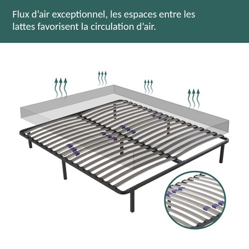 Sommier 140x190 Cm Confortflex - Cadre à Lattes Effet Carbone Réglables - 7 Pieds Inclus