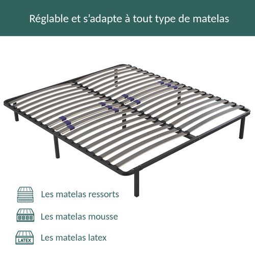Sommier 160x200 Cm Confortflex - Cadre à Lattes Effet Carbone Réglables - 7 Pieds Inclus