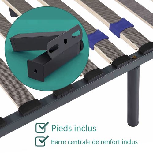 Sommier 160x200 Cm Confortflex - Cadre à Lattes Effet Carbone Réglables - 7 Pieds Inclus