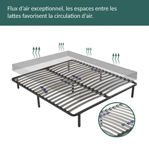 Sommier 160x200 Cm Confortflex - Cadre à Lattes Effet Carbone Réglables - 7 Pieds Inclus