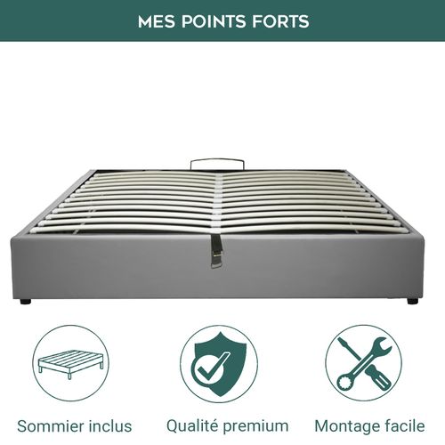 Lit Vegas Gris 200x200 cm - Grand Coffre Rangement - Design Et Moderne - Simili Et Sommier à Lattes