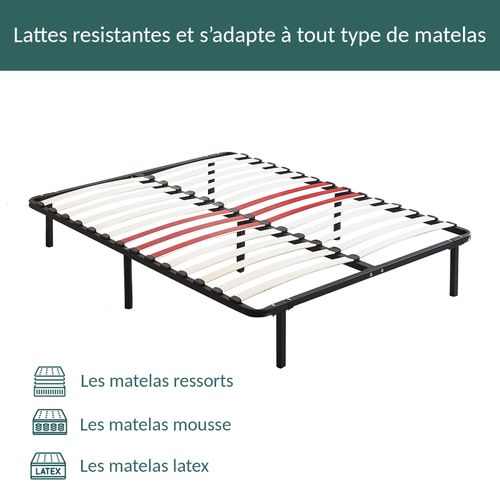 Sommier 140x190 à Lattes Renforcé - 28 Lattes En Bois, 7 Pieds, Montage Facile