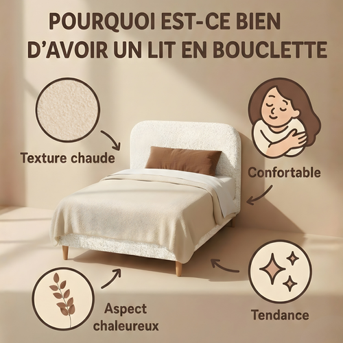 Lit Prince 140x190cm Tissu Bouclette Gris - Montage Rapide - Sommier + Tête De Lit