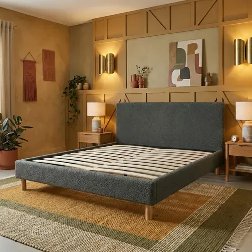 Lit Prince 140x190cm Tissu Bouclette Gris - Montage Rapide - Sommier + Tête De Lit
