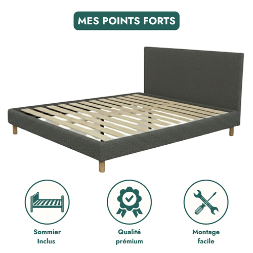 Lit Prince 140x190cm Tissu Bouclette Gris - Montage Rapide - Sommier + Tête De Lit