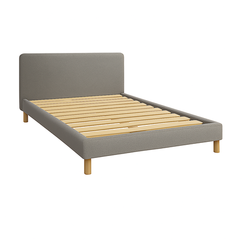 Lit Prince 140x190cm Tissu Bouclette Gris - Montage Rapide - Sommier + Tête De Lit