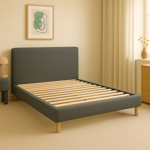 Lit Prince 140x190cm Tissu Bouclette Gris - Montage Rapide - Sommier + Tête De Lit