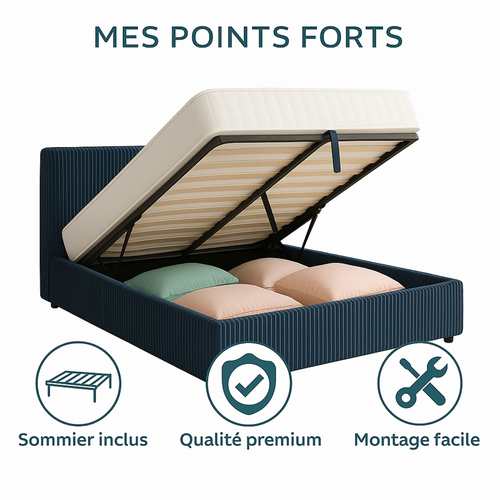 Lit Coffre Versailles 160x200 cm Velours Cotelé Bleu - Espace De Rangement XXL - Tête De Lit incluse
