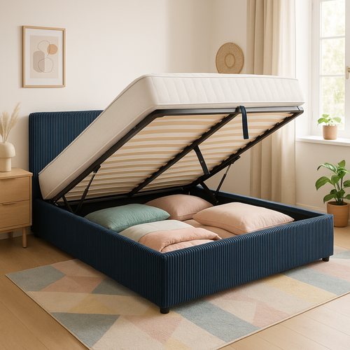 Lit Coffre Versailles 160x200 cm Velours Cotelé Bleu - Espace De Rangement XXL - Tête De Lit incluse