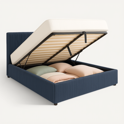 Lit Coffre Versailles 160x200 cm Velours Cotelé Bleu - Espace De Rangement XXL - Tête De Lit incluse