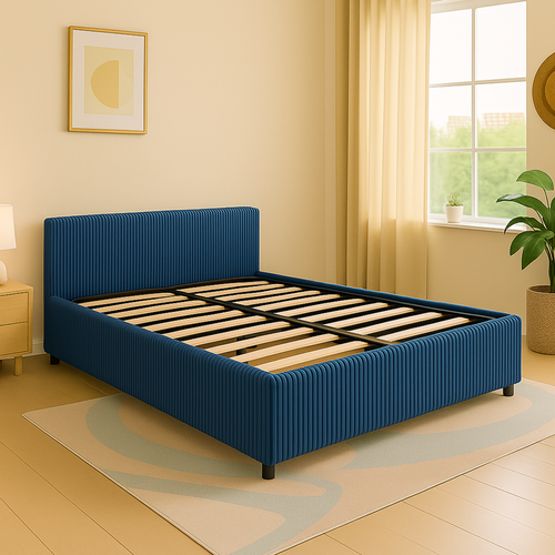 Lit Coffre Versailles 160x200 cm Velours Cotelé Bleu - Espace De Rangement XXL - Tête De Lit incluse