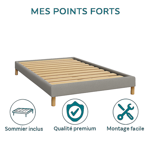 Lit 140x190cm Tissu Bouclette Gris - Montage Rapide - Sommier Inclus