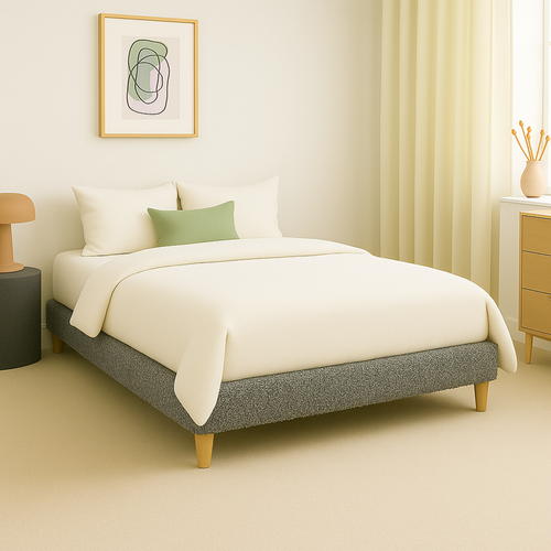 Lit 140x190cm Tissu Bouclette Gris - Montage Rapide - Sommier Inclus