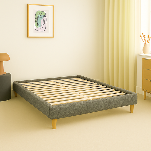 Lit 140x190cm Tissu Bouclette Gris - Montage Rapide - Sommier Inclus