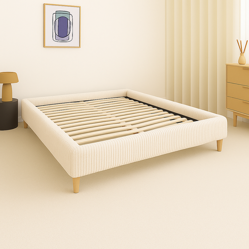 Lit Traditionnel 200x200 Cm Velours Cotelé Beige - Montage Rapide - Sommier Inclus