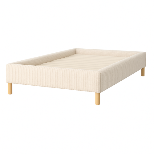 Lit Traditionnel 200x200 Cm Velours Cotelé Beige - Montage Rapide - Sommier Inclus