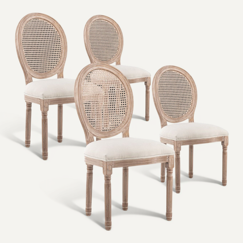 Lot De 4 Chaises Médaillon Louis Xvi Cannage Rotin Tissu Beige