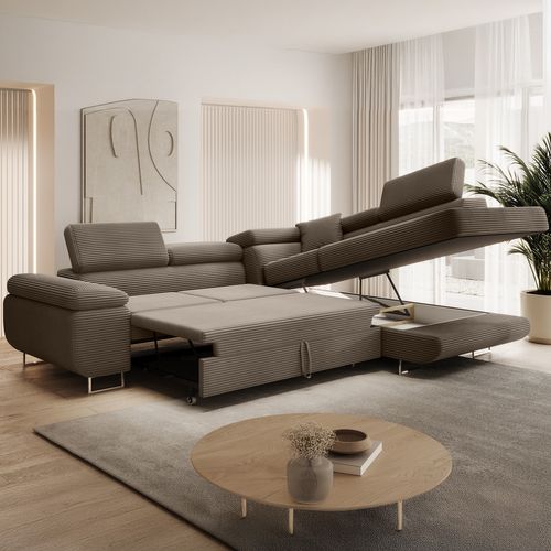 Canapé D'angle Droit Convertible Marius Velours Côtelé Taupe