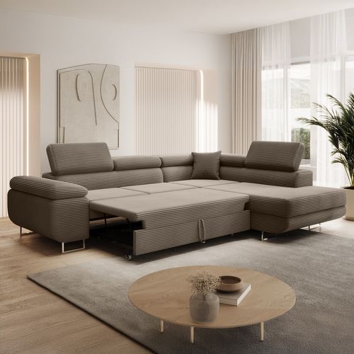 Canapé D'angle Droit Convertible Marius Velours Côtelé Taupe