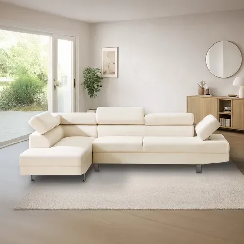 Canapé D'angle Gauche Avec Têtières Relevables Palerme Velours Côtelé Beige