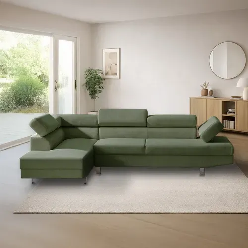 Canapé D'angle Gauche Avec Têtières Relevables Palerme Velours Côtelé Vert