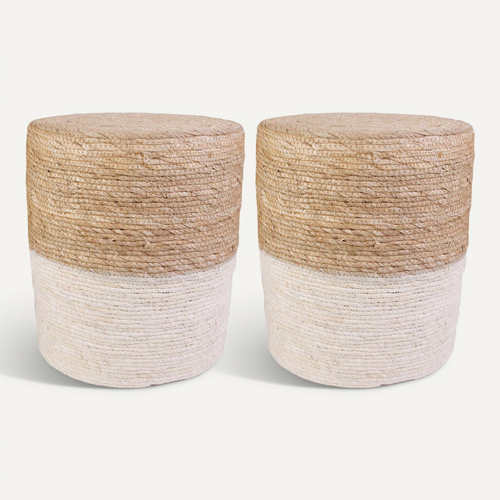 Estany - Lot De 2 Poufs Ronds Tressés Naturel Et Beige