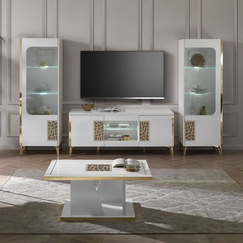 Vitrine 1 Porte Droite Laquée Blanc Et Or Décor Sérigraphié - Safary